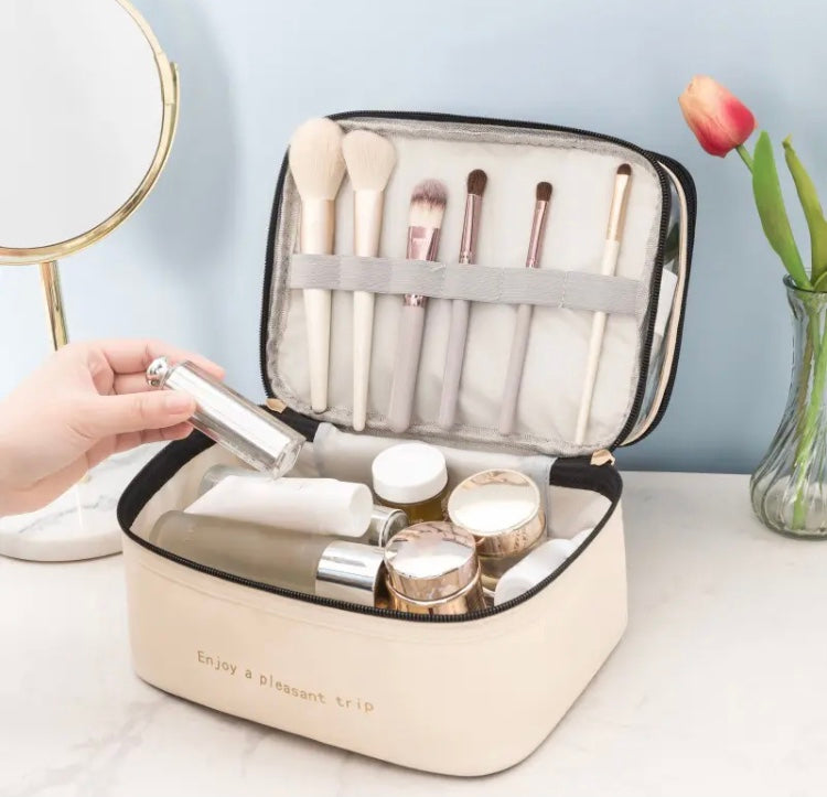 Women Double Layer Cosmetic Bag, Leather Makeup Organizer Bag, Large Capacity Cosmetic Travel Bag Women Double Layer Cosmetic Bag, Leather Makeup Organizer Bag, Large Capacity Cosmetic Travel Bag